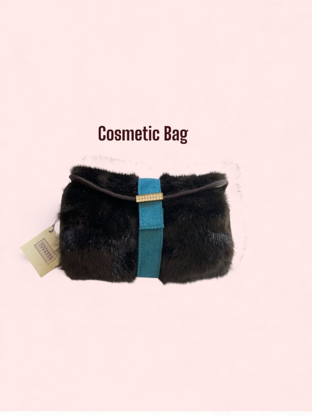 NWT Faux Fur Cosmetic Roll-Up Bag w/ Turquoise Belt + Removable Makeup Pouch